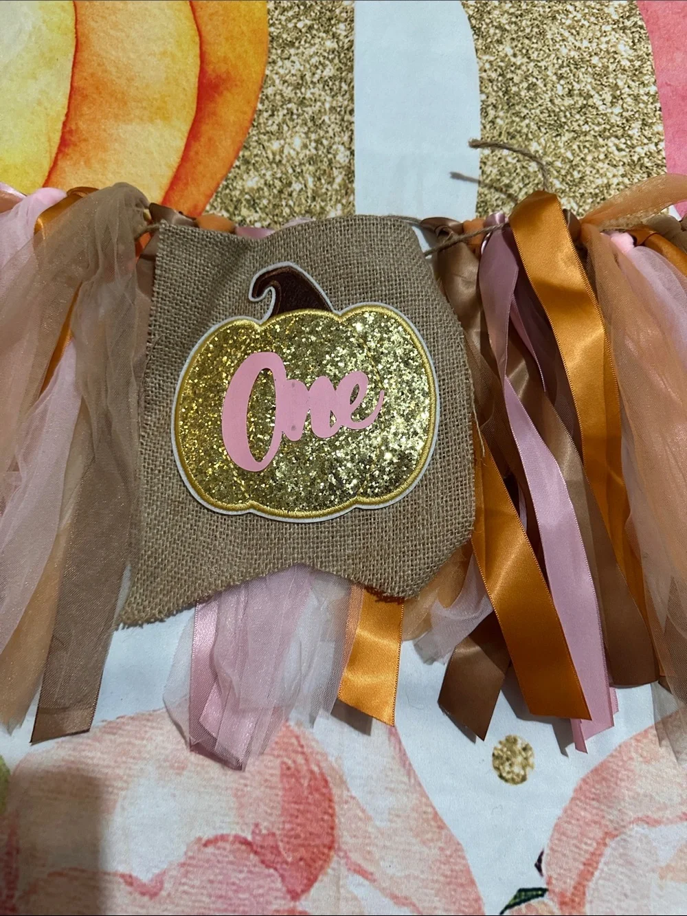 One Little Pumpkin First Birthday Photo Backdrop and high chair tutu